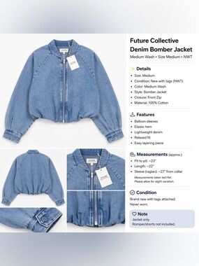 Future Collective Denim Bomber Jacket Medium Wash Size Medium NWT